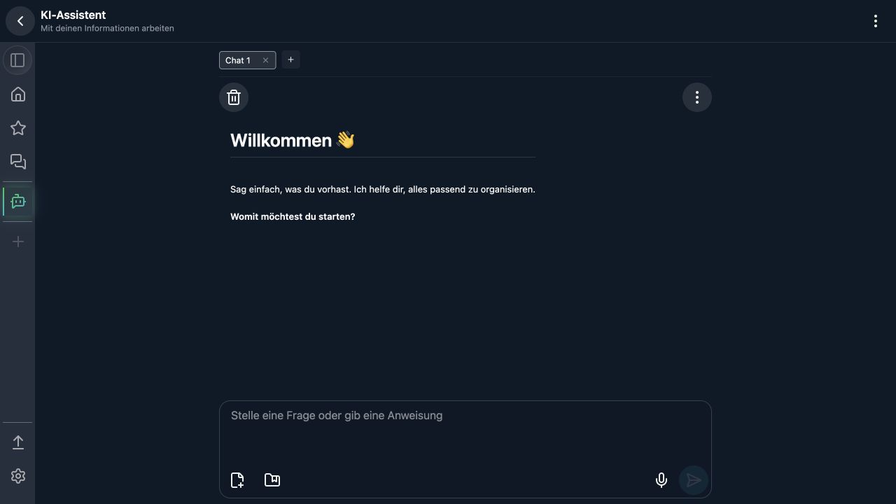 Der leere Test-Workspace begrüßt dich im KI-Assistenten.