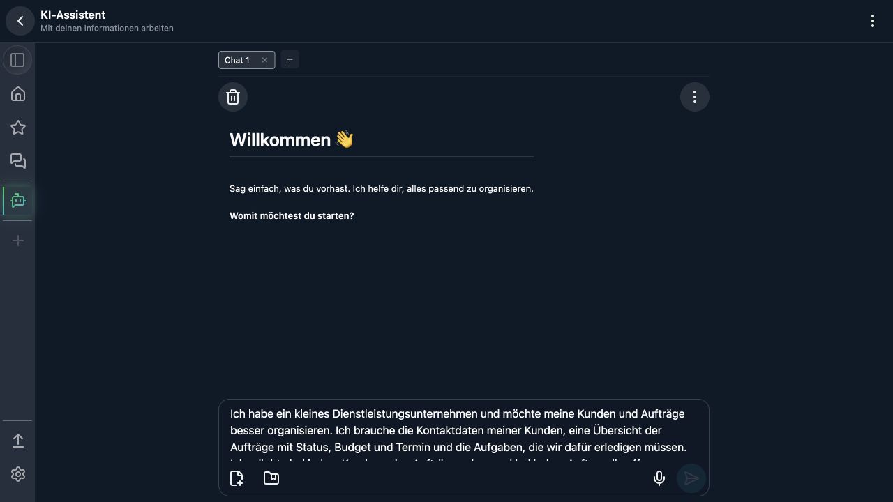 Ein Nutzer beschreibt sein Dienstleistungsunternehmen und die gewünschten Zusammenhänge.