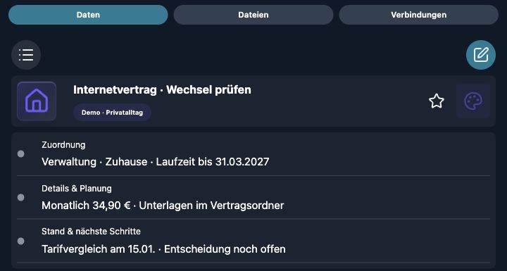Echte 4tbase-App-Aufnahme mit fiktiven Privat-Demodaten: Internetvertrag · Wechsel prüfen.