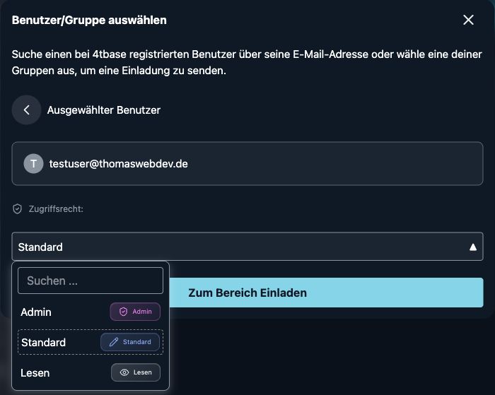 Einladung in einen Bereich mit der Auswahl Admin, Standard oder Lesen