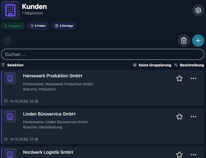 Bereichsliste mit sichtbarer KI-Freigabe