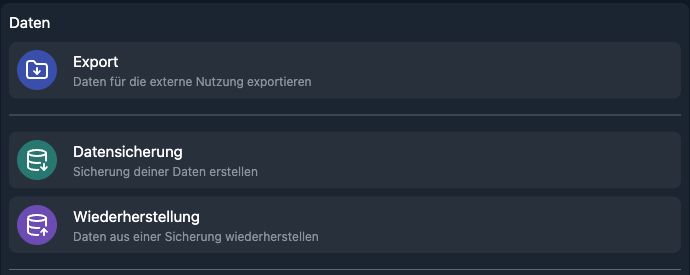 App-Ansicht mit Datensicherung und Export