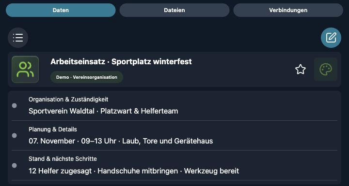 Echte 4tbase-App-Aufnahme mit fiktiven Vereins-Demodaten: Arbeitseinsatz am Sportplatz.
