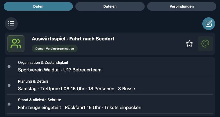 Echte 4tbase-App-Aufnahme mit fiktiven Vereins-Demodaten: Auswärtsfahrt mit Fahrzeugplanung.