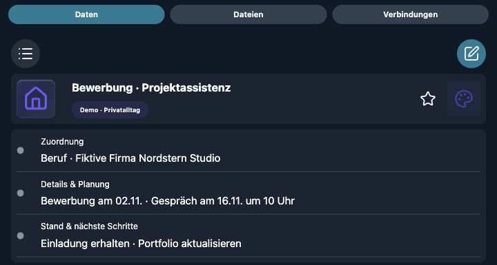 Echte 4tbase-App-Aufnahme mit fiktiven Privat-Demodaten: Bewerbung · Projektassistenz.