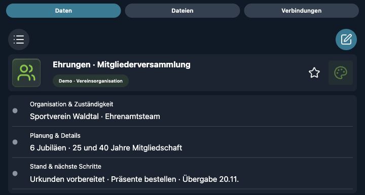 Echte 4tbase-App-Aufnahme mit fiktiven Vereins-Demodaten: Mitgliederehrungen und Jubiläen.