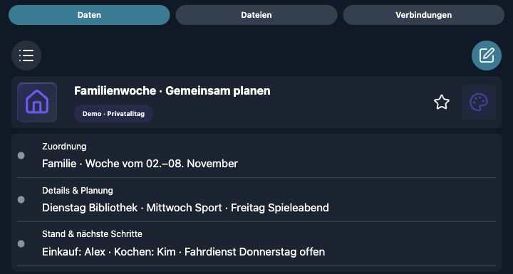 Echte 4tbase-App-Aufnahme mit fiktiven Privat-Demodaten: Familienwoche · Gemeinsam planen.