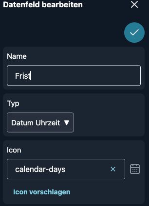 Die Zielstruktur vorbereiten: Ein Datenfeld für eine Frist wird als Datum und Uhrzeit definiert. Echte App-Ansicht, kein Screenshot eines Importvorgangs.
