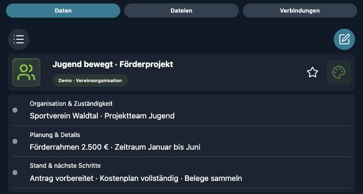 Echte 4tbase-App-Aufnahme mit fiktiven Vereins-Demodaten: Jugendprojekt mit Förderplanung.