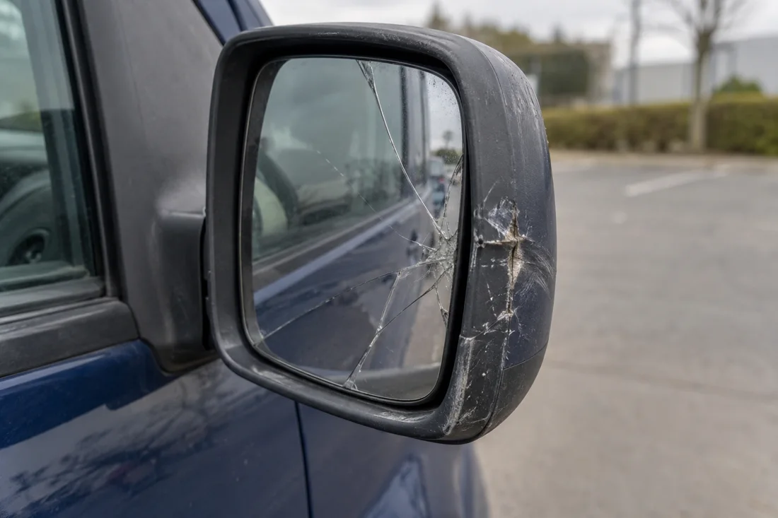 Beschädigter Außenspiegel eines Fahrzeugs.