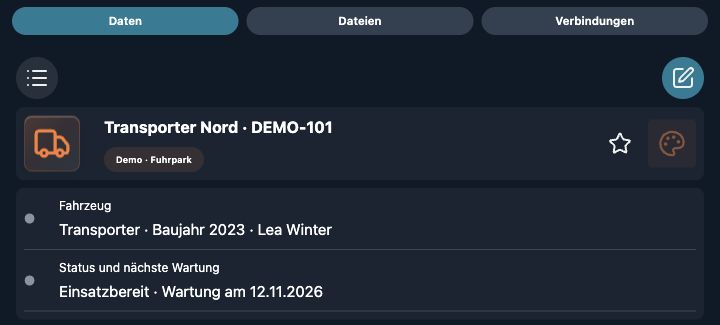 Echte App-Aufnahme mit fiktiven Demo-Daten: Fahrzeug, zuständige Person und nächste Wartung am Transporter Nord.