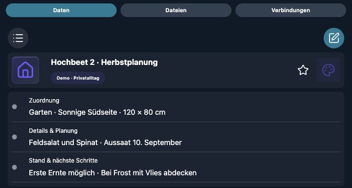 Echte 4tbase-App-Aufnahme mit fiktiven Privat-Demodaten: Hochbeet 2 · Herbstplanung.