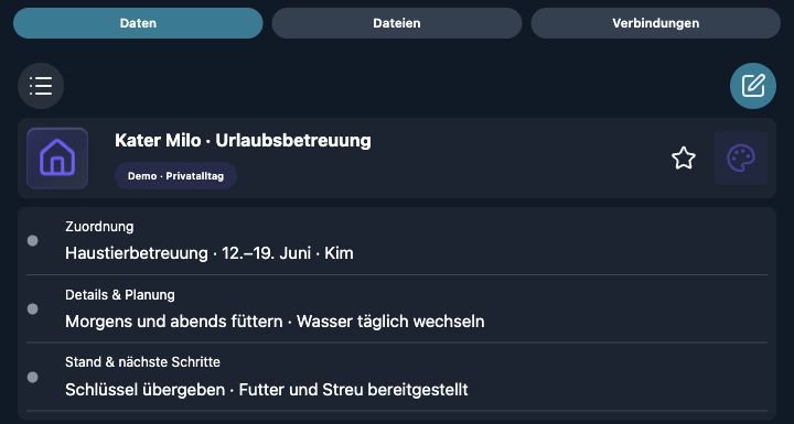 Echte 4tbase-App-Aufnahme mit fiktiven Privat-Demodaten: Kater Milo · Urlaubsbetreuung.