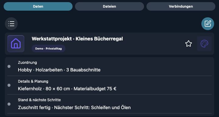 Echte 4tbase-App-Aufnahme mit fiktiven Privat-Demodaten: Werkstattprojekt · Kleines Bücherregal.