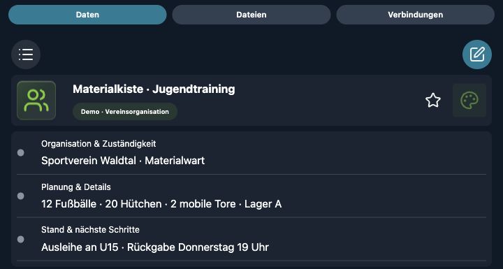 Echte 4tbase-App-Aufnahme mit fiktiven Vereins-Demodaten: Materialbestand und Ausleihe für das Jugendtraining.