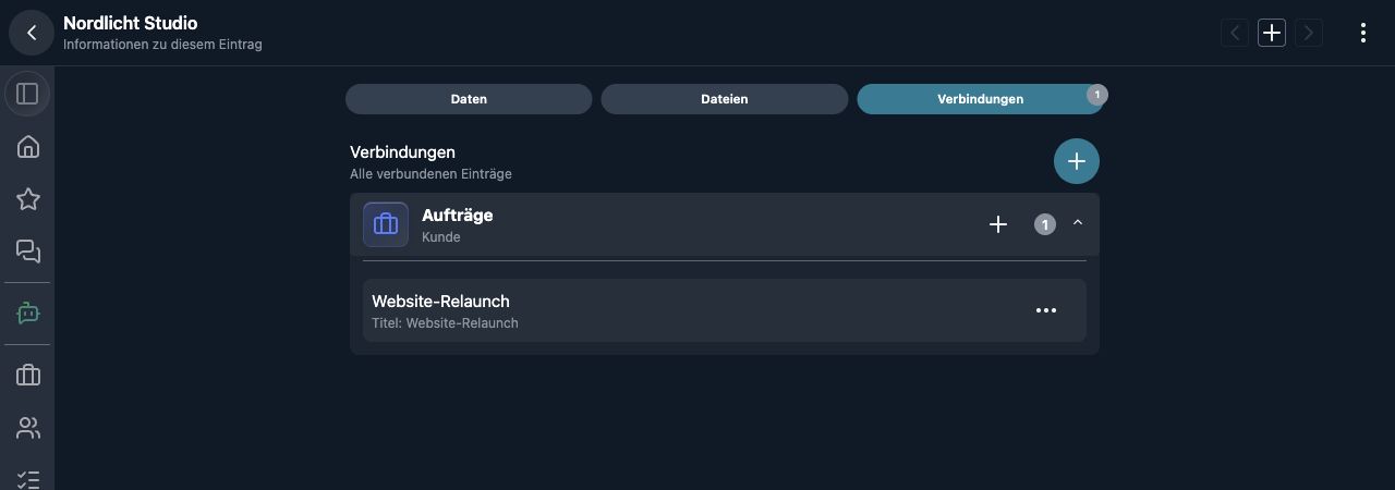 Echte App-Aufnahme: Beim Demo-Kunden Nordlicht Studio ist der Auftrag Website-Relaunch als Verbindung aufgeklappt.