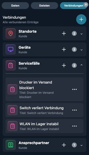 Kundeneintrag mit verbundenen Standorten, Geräten und aufgeklappten Servicefällen