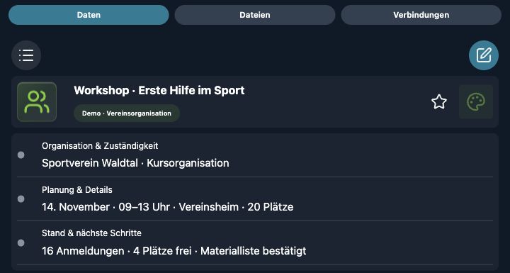 Echte 4tbase-App-Aufnahme mit fiktiven Vereins-Demodaten: Workshop mit Anmeldestand.