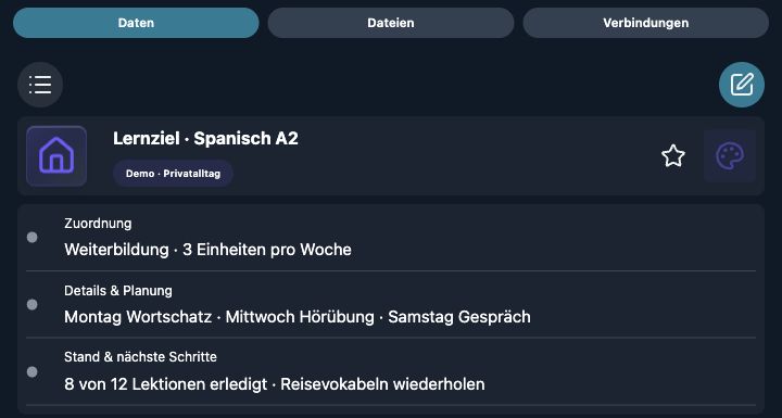 Echte 4tbase-App-Aufnahme mit fiktiven Privat-Demodaten: Lernziel · Spanisch A2.