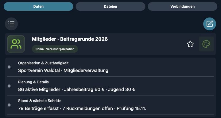 Echte 4tbase-App-Aufnahme mit fiktiven Vereins-Demodaten: Mitglieder und Beitragsrunde.