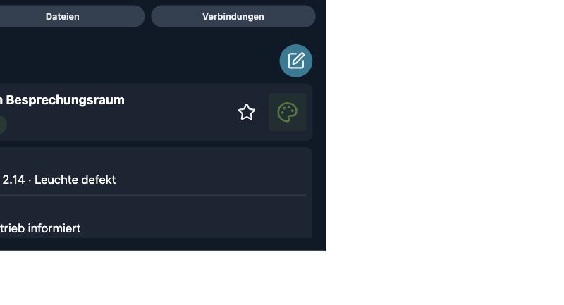 Echte App-Aufnahme mit fiktiven Demo-Daten: Eine defekte Leuchte mit Raum, Bearbeitungsstand und vereinbartem Austausch.