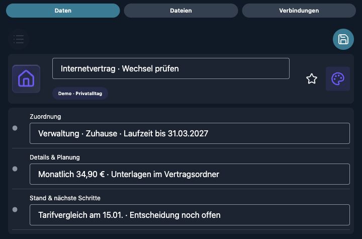 Echte 4tbase-App: Abos als Bearbeitungsformular mit fiktiven Demodaten.