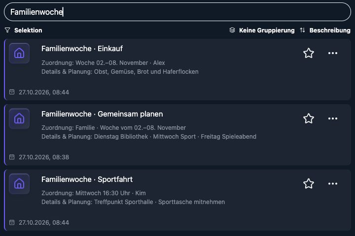 Echte 4tbase-App: Familie als gefilterte Liste mit mehreren Demo-Einträgen.
