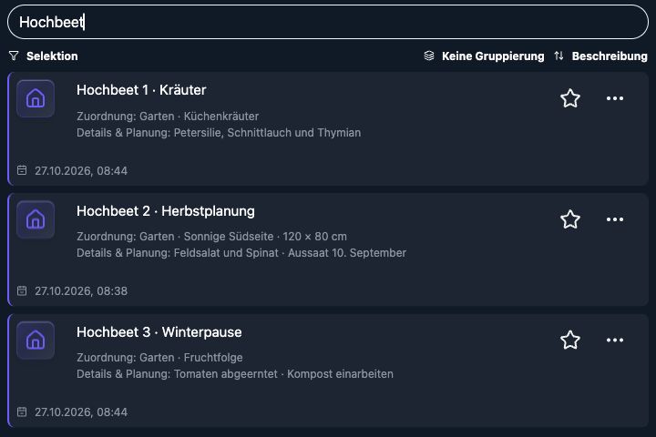 Echte 4tbase-App: Garten als gefilterte Liste mit mehreren Demo-Einträgen.