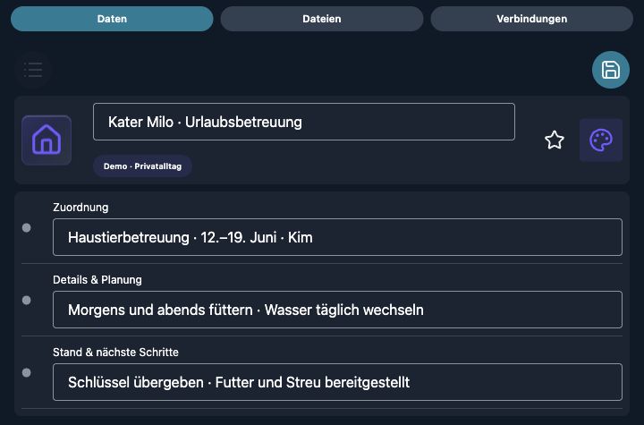 Echte 4tbase-App: Haustiere als Bearbeitungsformular mit fiktiven Demodaten.