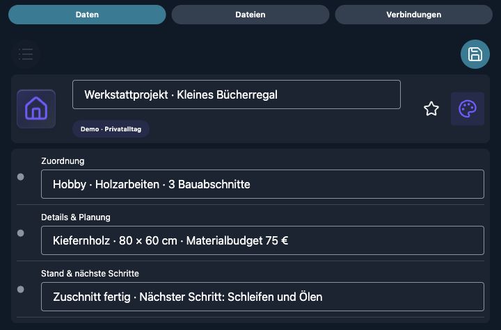 Echte 4tbase-App: Hobby als Bearbeitungsformular mit fiktiven Demodaten.