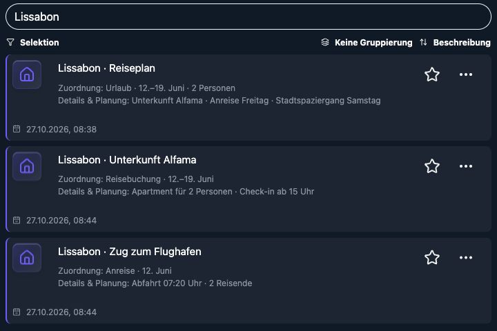 Echte 4tbase-App: Reise als gefilterte Liste mit mehreren Demo-Einträgen.
