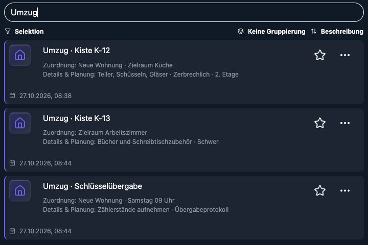 Echte 4tbase-App: Umzug als gefilterte Liste mit mehreren Demo-Einträgen.