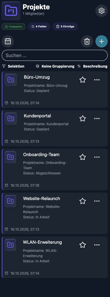 Echte App-Aufnahme: die Liste des eingerichteten Bereichs „Projekte“ mit fünf Einträgen.