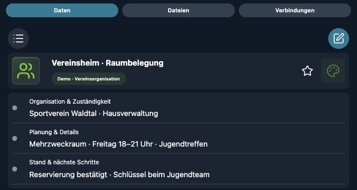 Echte 4tbase-App-Aufnahme mit fiktiven Vereins-Demodaten: Reservierung des Vereinsheims.