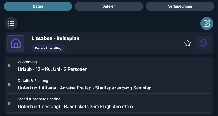 Echte 4tbase-App-Aufnahme mit fiktiven Privat-Demodaten: Lissabon · Reiseplan.