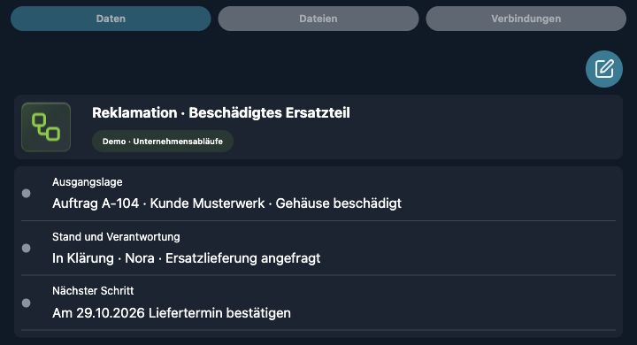 Echte App-Aufnahme mit fiktiven Demo-Daten: Ein beschädigtes Ersatzteil mit Bearbeitungsstand, Zuständigkeit und nächstem Prüfschritt.