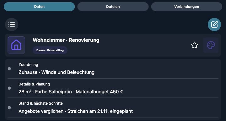 Echte 4tbase-App-Aufnahme mit fiktiven Privat-Demodaten: Wohnzimmer · Renovierung.
