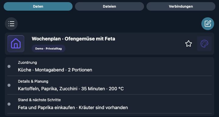Echte 4tbase-App-Aufnahme mit fiktiven Privat-Demodaten: Wochenplan · Ofengemüse mit Feta.