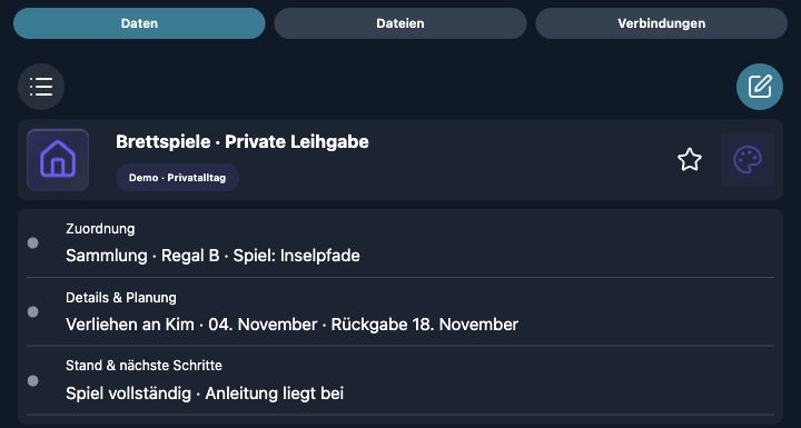 Echte 4tbase-App-Aufnahme mit fiktiven Privat-Demodaten: Brettspiele · Private Leihgabe.