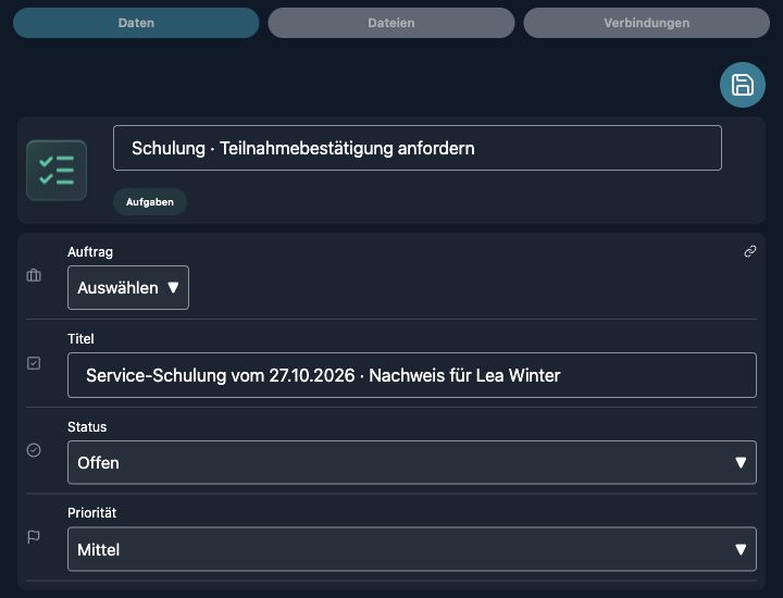 Echtes App-Formular mit fiktiven Demo-Angaben: Entwurf einer Aufgabe zum Anfordern einer Teilnahmebestätigung. Der Entwurf ist nicht gespeichert.