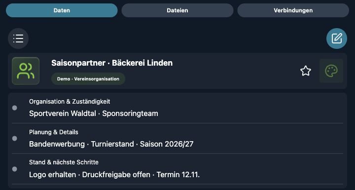 Echte 4tbase-App-Aufnahme mit fiktiven Vereins-Demodaten: Saisonpartnerschaft mit Werbeleistungen.