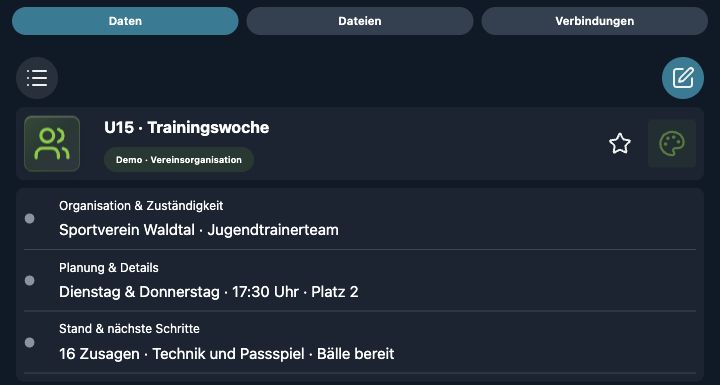 Echte 4tbase-App-Aufnahme mit fiktiven Vereins-Demodaten: Trainingswoche der U15.