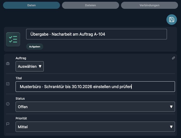 Echtes App-Formular mit fiktiven Demo-Angaben: Entwurf einer offenen Nacharbeit zur Büroübergabe. Der Entwurf ist nicht gespeichert.