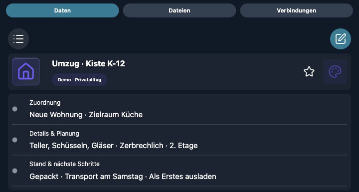 Echte 4tbase-App-Aufnahme mit fiktiven Privat-Demodaten: Umzug · Kiste K-12.