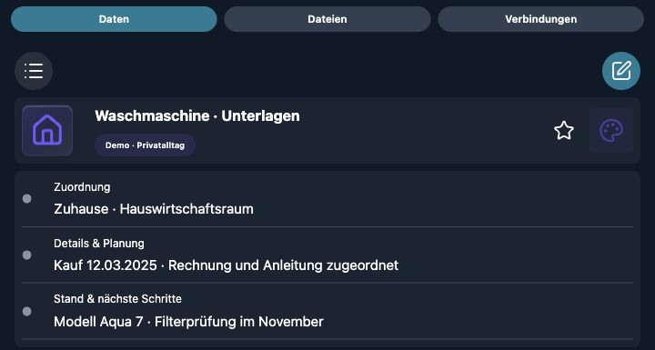Echte 4tbase-App-Aufnahme mit fiktiven Privat-Demodaten: Waschmaschine · Unterlagen.