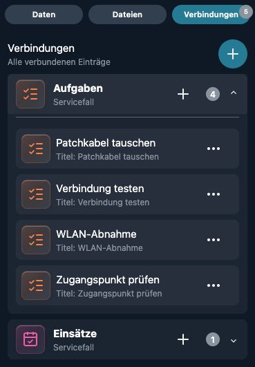 Echte App-Ansicht: verbundene Aufgaben und Einsätze eines Servicefalls im eingerichteten Service-Workspace.