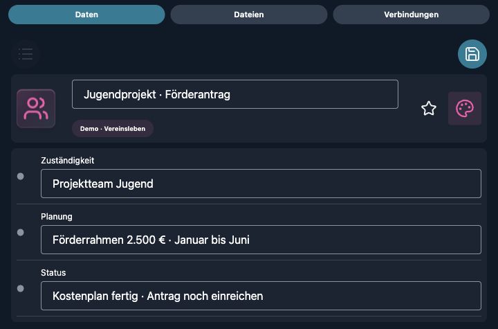 Echte 4tbase-App: Förderprojekte als Bearbeitungsformular mit fiktiven Demodaten.
