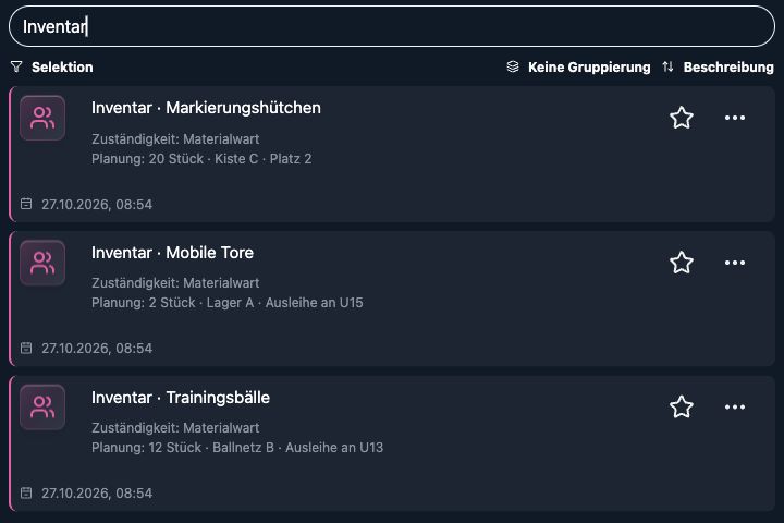 Echte 4tbase-App: Inventar als gefilterte Liste mit mehreren Demo-Einträgen.