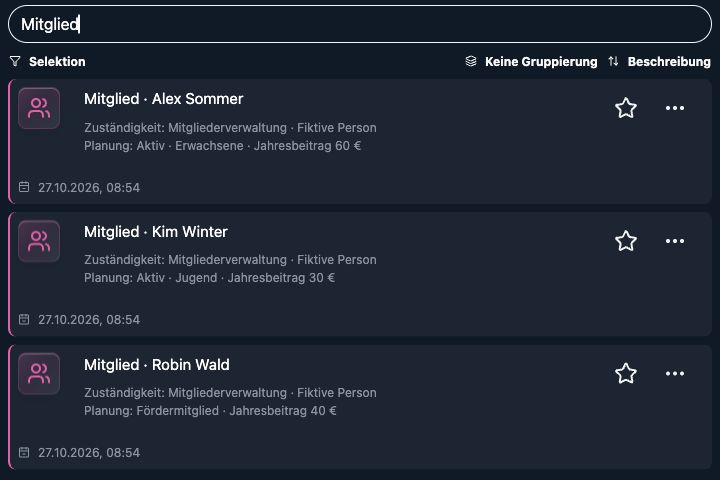 Echte 4tbase-App: Mitglieder als gefilterte Liste mit mehreren Demo-Einträgen.