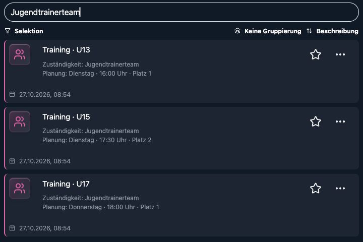 Echte 4tbase-App: Training als gefilterte Liste mit mehreren Demo-Einträgen.